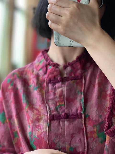 Camisa de lino con bordes sin rematar y botones con flores estilo vintage para mujer