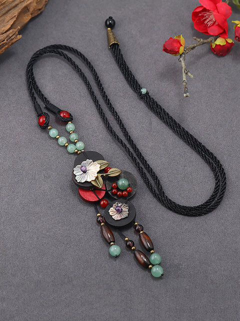 Women Ethnic Wooden Alloy Flower Tassel Pandent Necklace