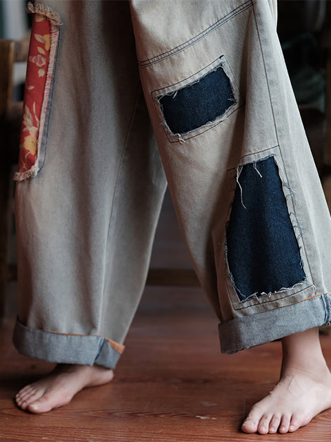 Pantalones vaqueros de pierna ancha con parches desgastados y empalmados para mujer de verano