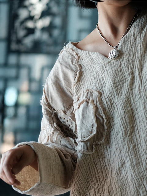 Camisa de lino y algodón con cuello redondo y parche de flores estilo retro para mujer