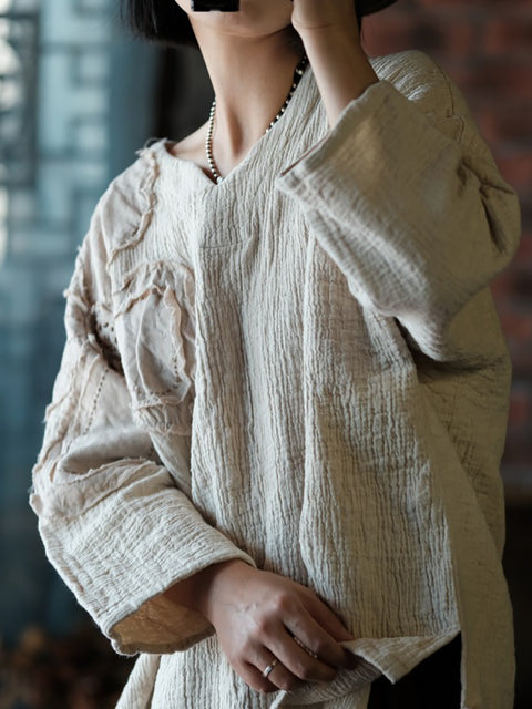 Camisa de lino y algodón con cuello redondo y parche de flores estilo retro para mujer