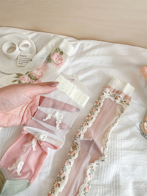 3 pares de calcetines de encaje con flores finas y artísticas para mujer