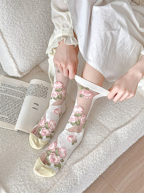 3 pares de calcetines de encaje con flores finas y artísticas para mujer