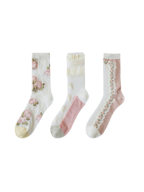 3 pares de calcetines de encaje con flores finas y artísticas para mujer