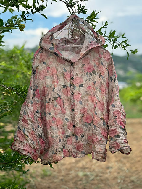 Camisa de lino con capucha fina de verano con flores vintage para mujer