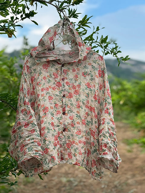 Camisa de lino con capucha fina de verano con flores vintage para mujer