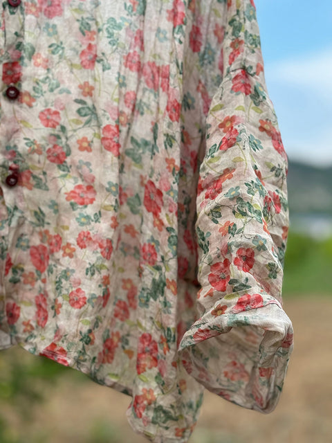 Camisa de lino con capucha fina de verano con flores vintage para mujer