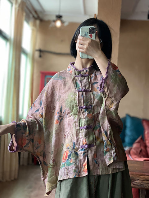 Camisa de lino con botones y flores étnicas de verano para mujer