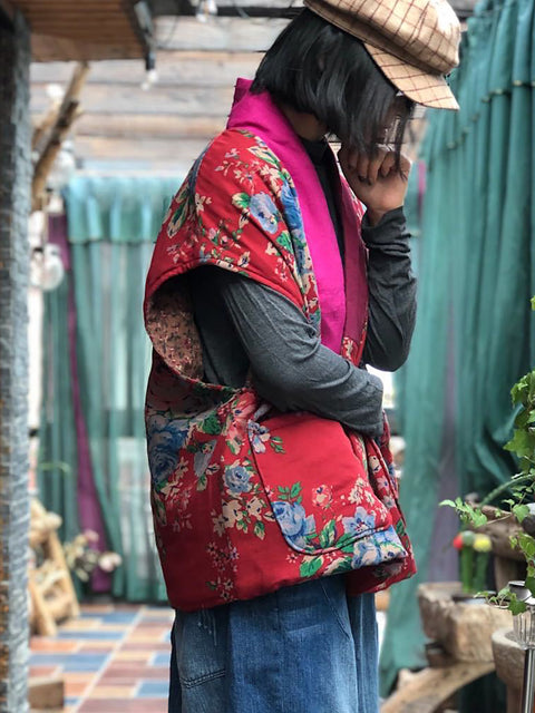 Chaleco de algodón con parches de flores étnicas para mujer