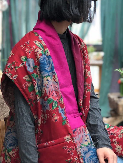 Chaleco de algodón con parches de flores étnicas para mujer