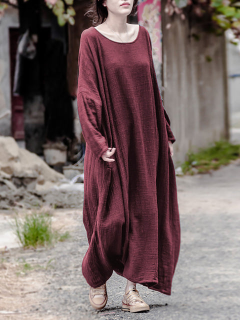 Vestido de lino y algodón con cuello redondo, informal, de otoño, para mujer