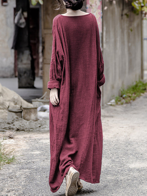 Vestido de lino y algodón con cuello redondo, informal, de otoño, para mujer