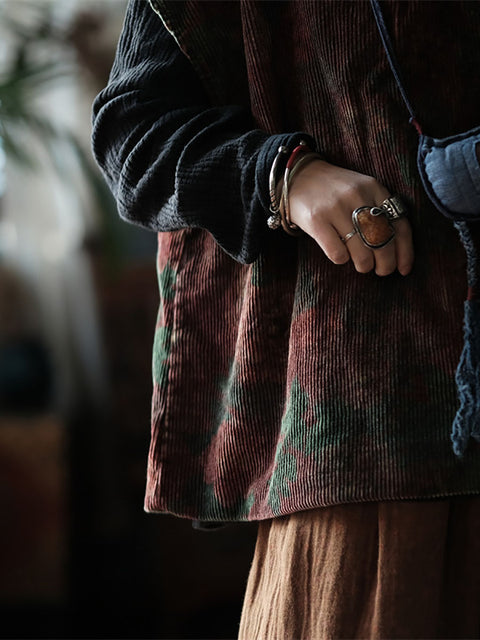 Chaleco de algodón con cuello redondo y flores estilo vintage para mujer