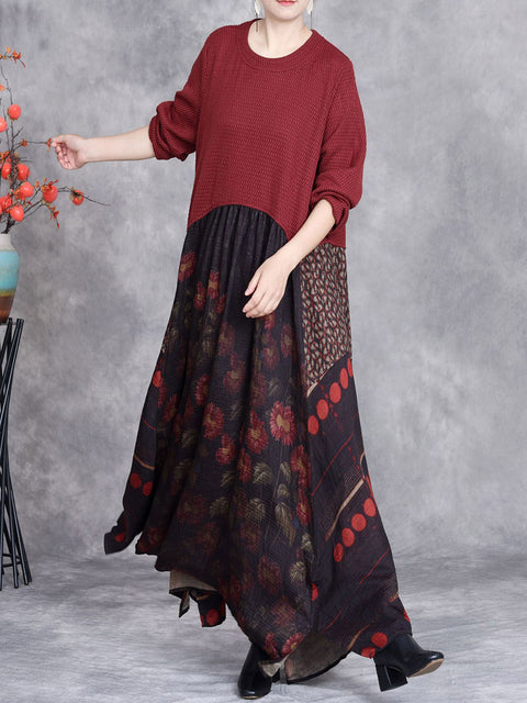 Women Autumn Flower Spliced O-Neck Loose Dress