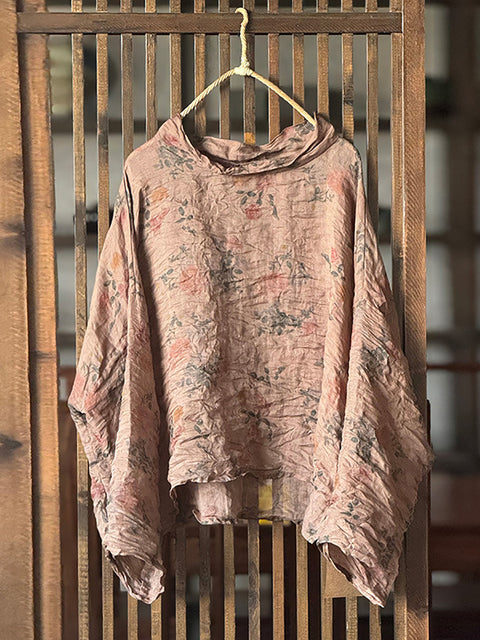 Blusa de cuello alto con flores otoñales y estilo artístico para mujer