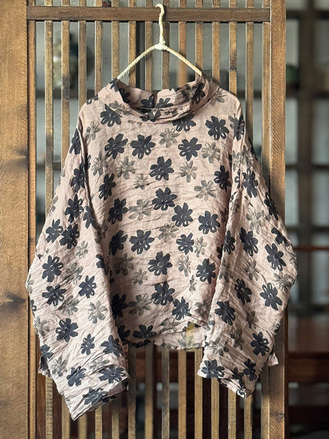 Blusa de cuello alto con flores otoñales y estilo artístico para mujer