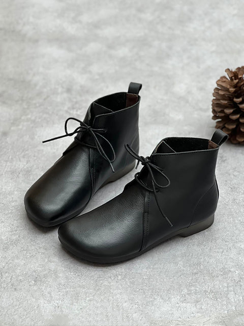 Women Autumn Solid Strap Genuine Leather Low Heel Boots