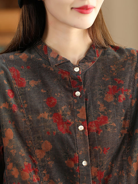 Blusa de algodón con cuello redondo y flores de otoño estilo retro para mujer