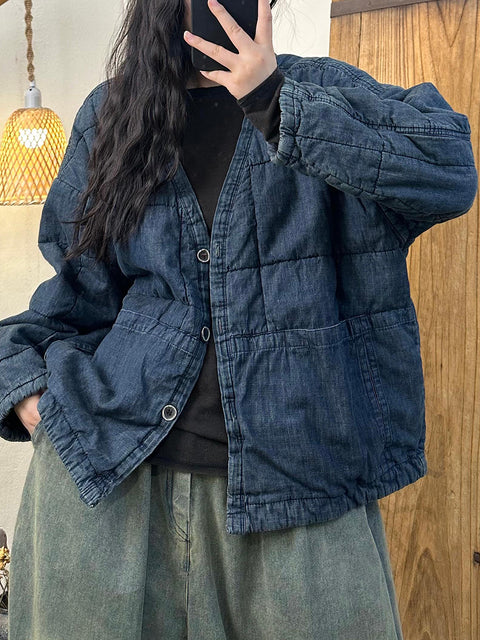 Women Autumn Retro Denim V-Neck Padded Coat