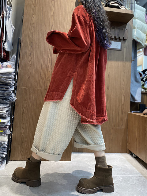 Camisa de otoño con botones y bolsillos de ramio para mujer