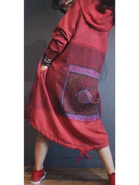 Women Ethnic Autumn Flower Hooded Dress