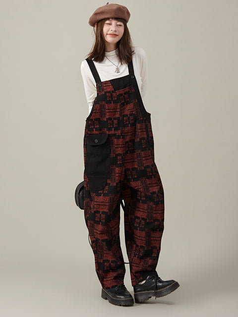 Women Retro Plaid Loose Jumpsuits