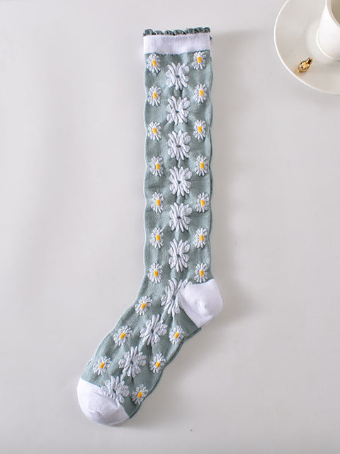 6 Pairs Women Artsy Floral Jacquard Cotton Long Socks