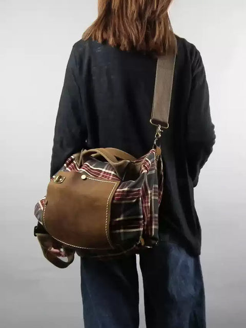 Bolso bandolera de piel a cuadros vintage para mujer