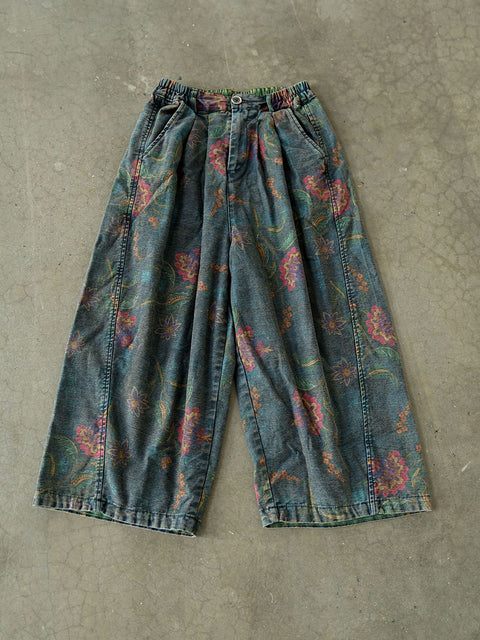 Pantalones de mezclilla de pierna ancha con empalmes y flores estilo retro de invierno para mujer