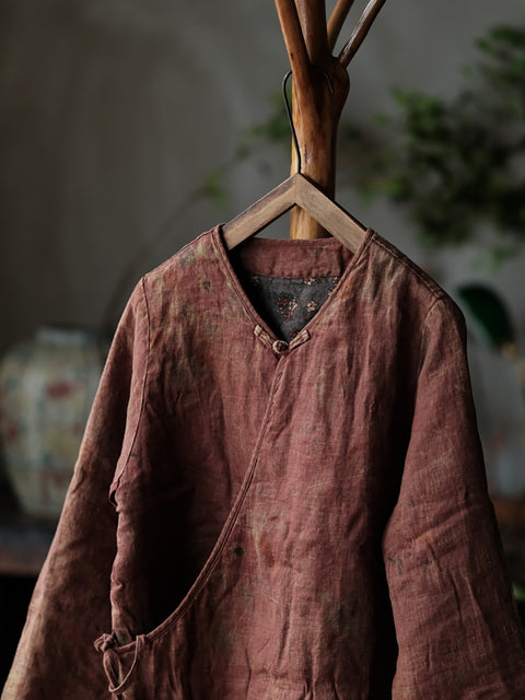 Women Winter Retro Flower V-Neck Linen Shirt