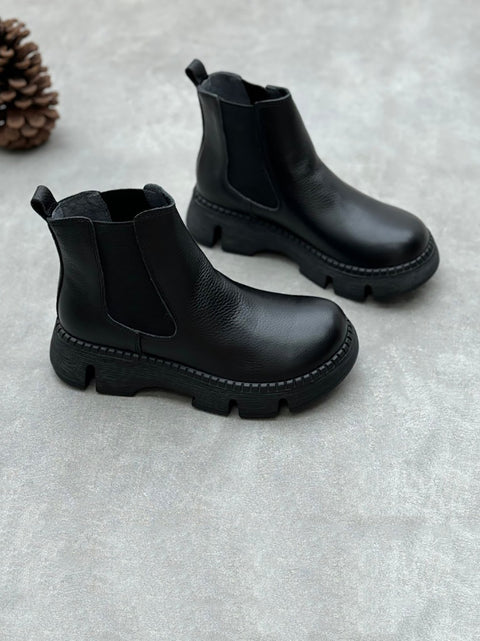 Botas de plataforma de tacón bajo de piel auténtica estilo retro para mujer