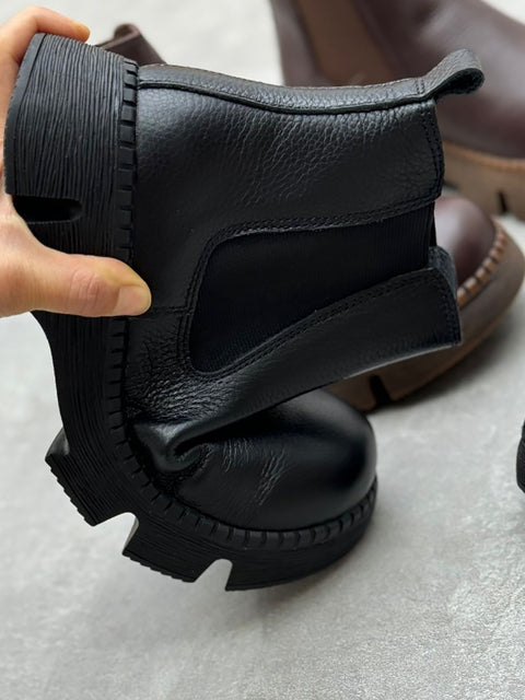 Botas de plataforma de tacón bajo de piel auténtica estilo retro para mujer