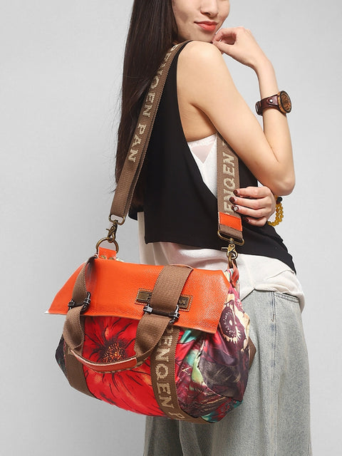 Women Fashion Flower Colorblock Large Capacity Shoulder Bag