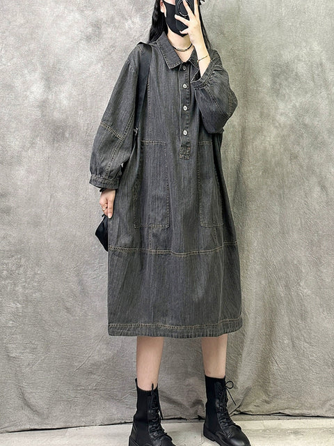 Women Autumn Retro Solid Turn-down Collar Denim Dress