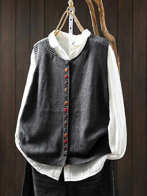 Women Casual Autumn Wool O-Neck Colorful Button Knit Vest