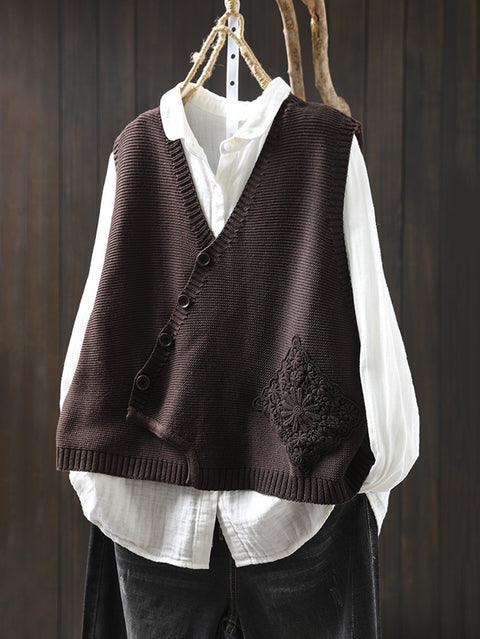 Women Casual Autumn Embroidery V-Neck Knit Vest