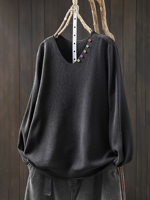 Women Autumn Casual Pure Color V-Neck Sweater