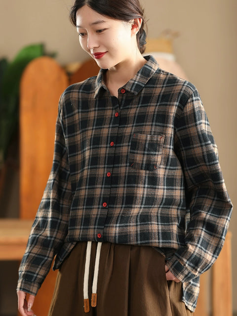 Women Autumn Cotton Turn-down Collar Plaid Shirt