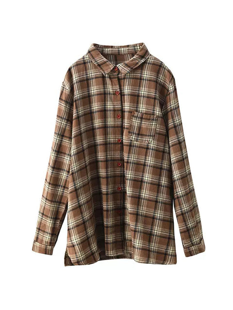 Women Autumn Cotton Turn-down Collar Plaid Shirt