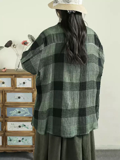 Women Autumn Cotton 100%Linen Plaid Shirt