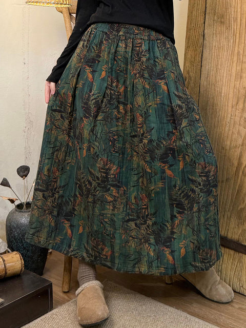 Women Autumn Retro Flower Cotton Skirt