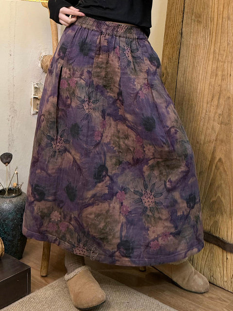 Women Autumn Retro Flower Cotton Skirt