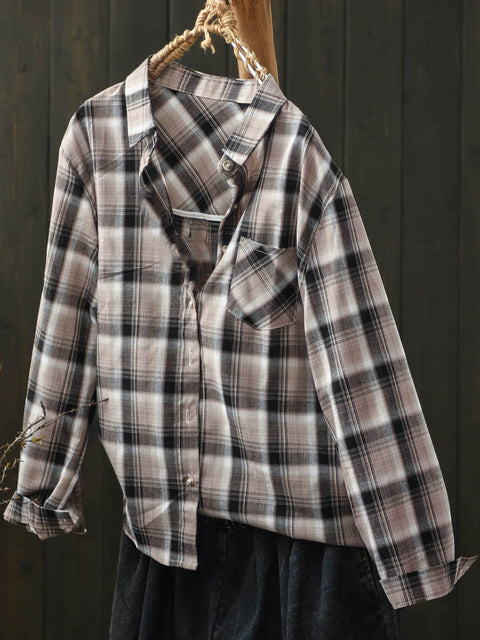 Women Autumn Artsy Cotton Plaid Shirt