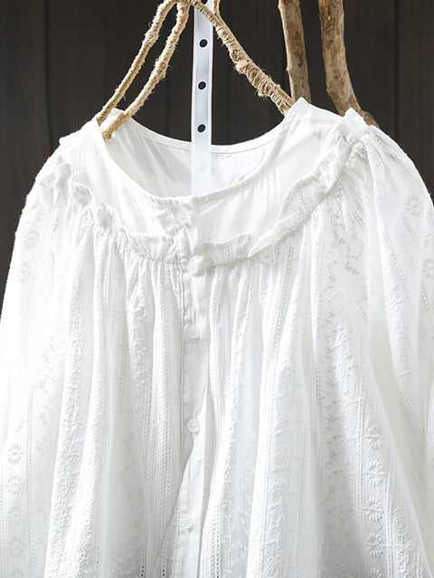 Women Spring 100%Cotton Lace Embroidery Shirt