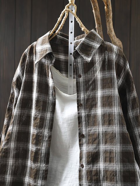 Women Spring 100%Cotton Plaid Turn-down Collar Shirt