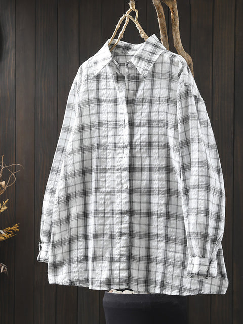 Women Spring 100%Cotton Plaid Turn-down Collar Shirt