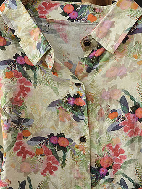 Camisa de algodón con cuello vuelto y estampado floral para mujer para primavera