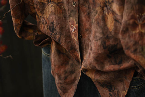 Camisa de algodón con cuello vuelto y estampado floral para mujer para primavera