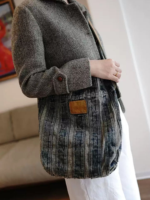 Bolso de mano con rayas de mezclilla lavadas estilo retro para mujer