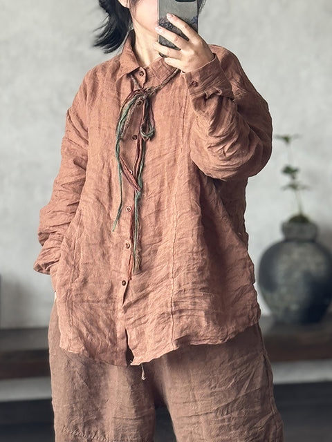 Camisa de lino con cuello vuelto y color puro para mujer para primavera